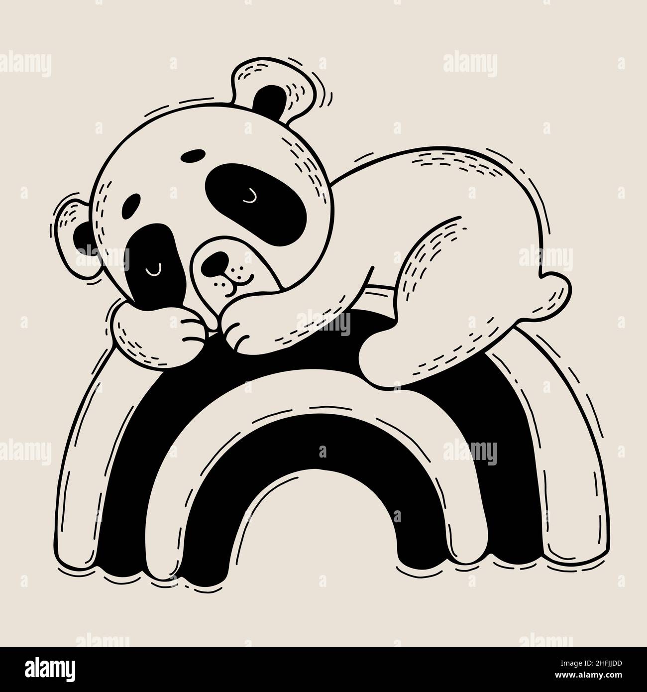 Le panda mignon dort doucement sur l'arc-en-ciel.Illustration vectorielle.Personnage mignon animal.Collection de dessins à la main linéaires pour enfants et cartes postales Illustration de Vecteur