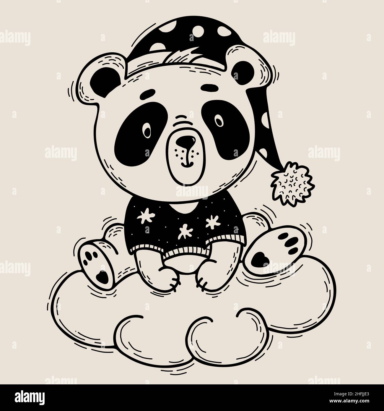 Joli panda en chapeau de nuit et pyjama sur le nuage.Illustration vectorielle.Personnage adorable animal de style linéaire fait main pour la collection et les cartes pour enfants Illustration de Vecteur