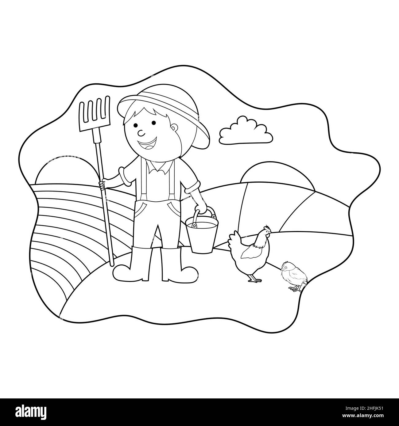 livre de coloriage. illustration d'un agriculteur dans un champ, vecteur isolé sur fond blanc. Illustration de Vecteur