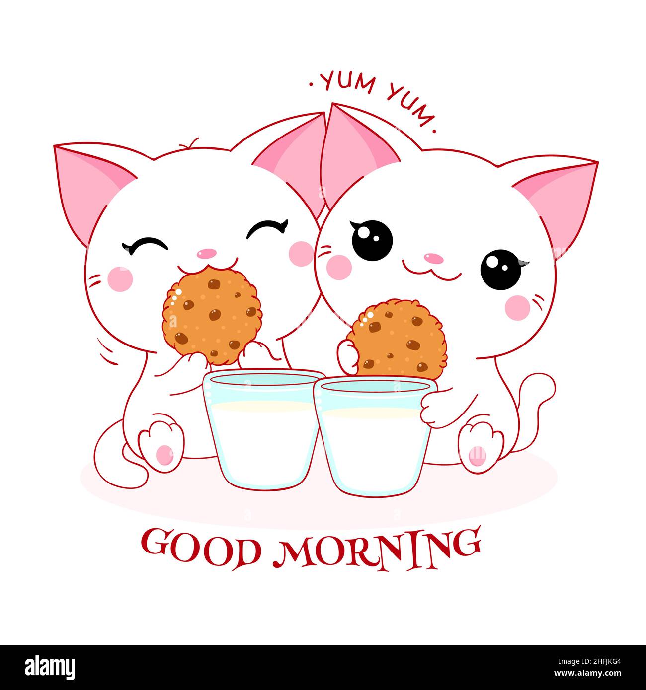 Deux Chats Blancs Mignons Avec Des Biscuits Des Croustilles Au Chocolat Et Du Lait Inscription Bonjour Le Petit Kitty Kawaii Est Heureux De Manger Des Biscuits Heure Du Petit Dejeuner Amis Image Vectorielle Stock Alamy
