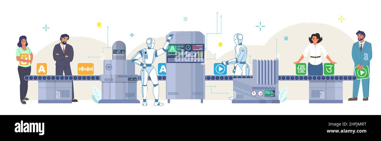 Processus de traduction automatique ai d'une langue étrangère à une autre, illustration vectorielle.Traducteur en ligne. Illustration de Vecteur