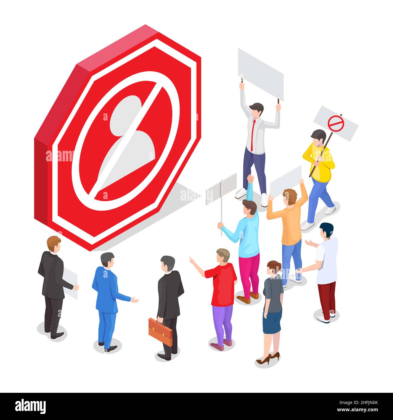 Personnes avec des plaques, illustration isométrique vectorielle.Annuler la culture, le mouvement de boycott, la protestation sociale, la grève. Illustration de Vecteur