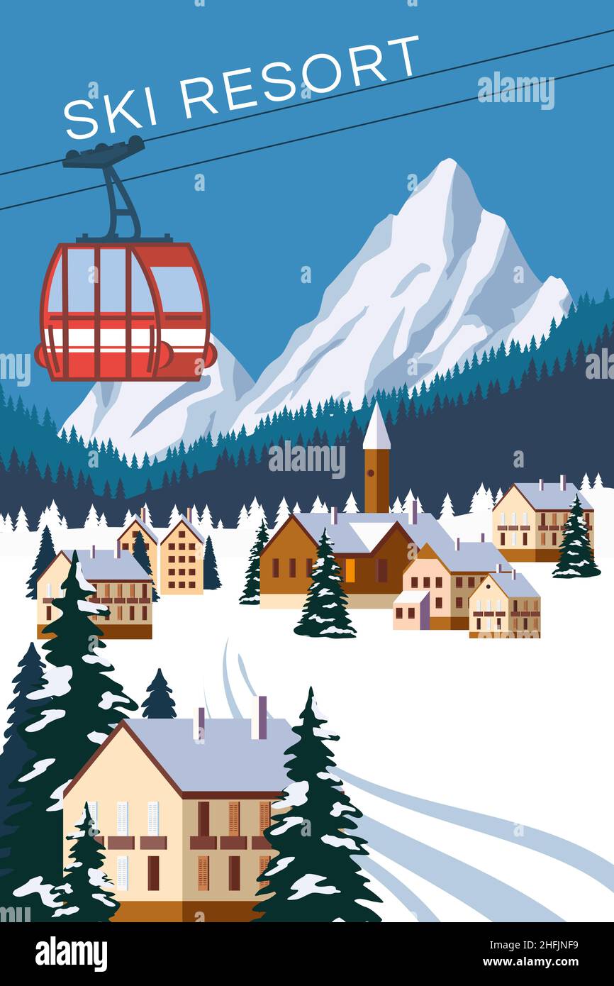 Station balnéaire d'hiver de montagne d'époque, village Alpes, Suisse.Sommets enneigés, pistes avec télécabine rouge.Poster rétro de voyage, illustration vectorielle Illustration de Vecteur