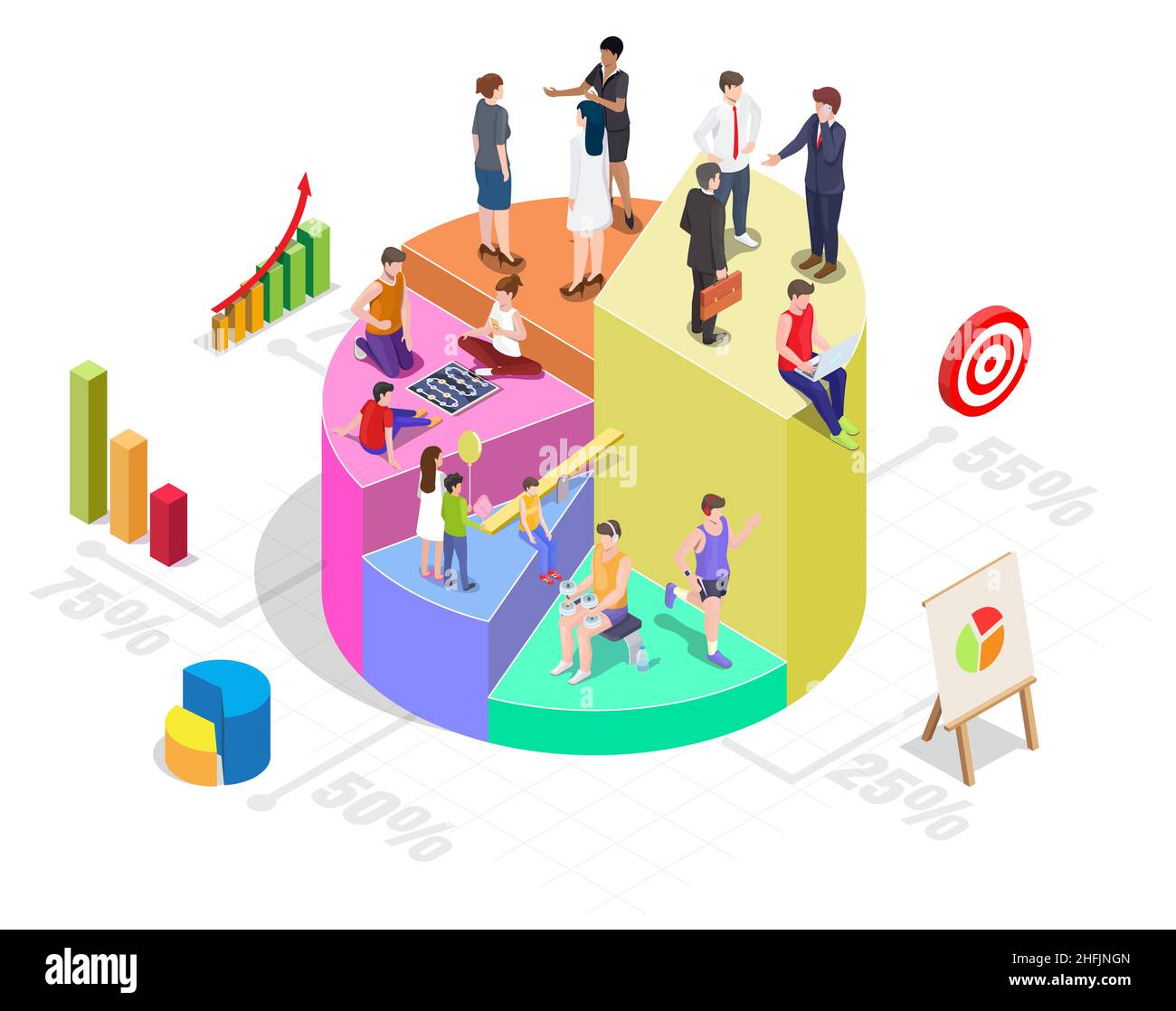 Segmentation de la clientèle, analyse du public cible, illustration isométrique vectorielle.Segmentation du public en marketing. Illustration de Vecteur