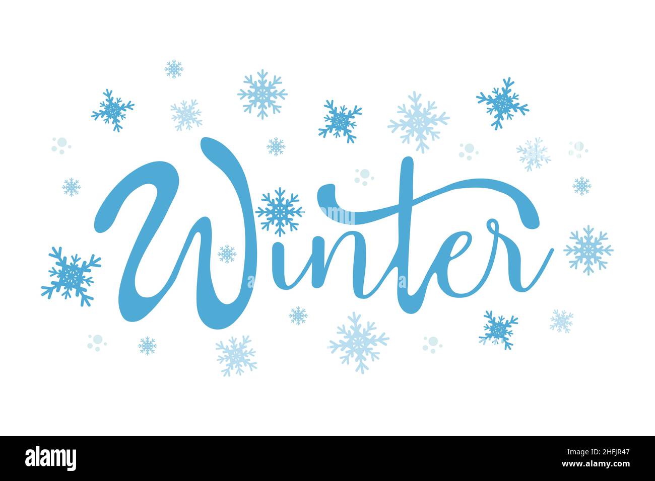 Bannière lettrage hiver, jolie illustration manuscrite vectorielle avec flocons de neige.Vecteur de style plat. Modèle de conception de carte. Illustration de Vecteur