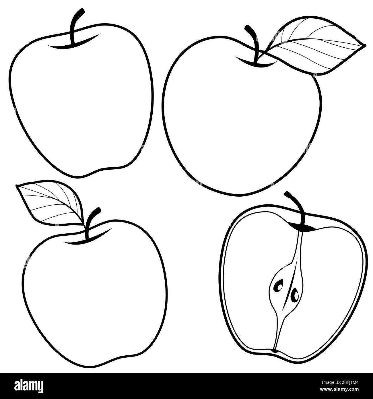 Pommes sur fond blanc. Fruits de pomme frais mûrs sur fond blanc. Fruits entiers et coupés en deux bio. Coloriage noir et blanc. Banque D'Images