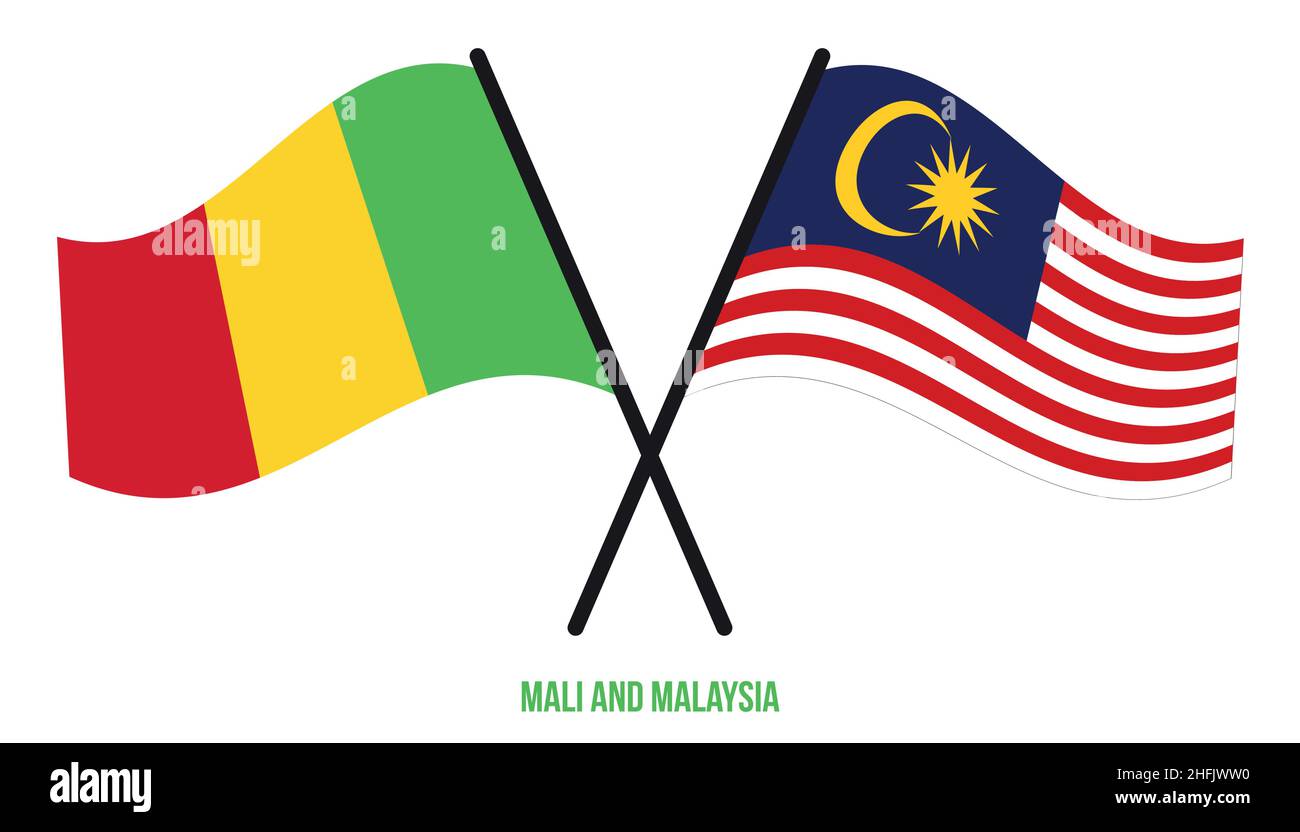 Mali et Malaisie drapeaux croisés et ondulant le style plat. Proportion officielle. Corriger les couleurs. Illustration de Vecteur