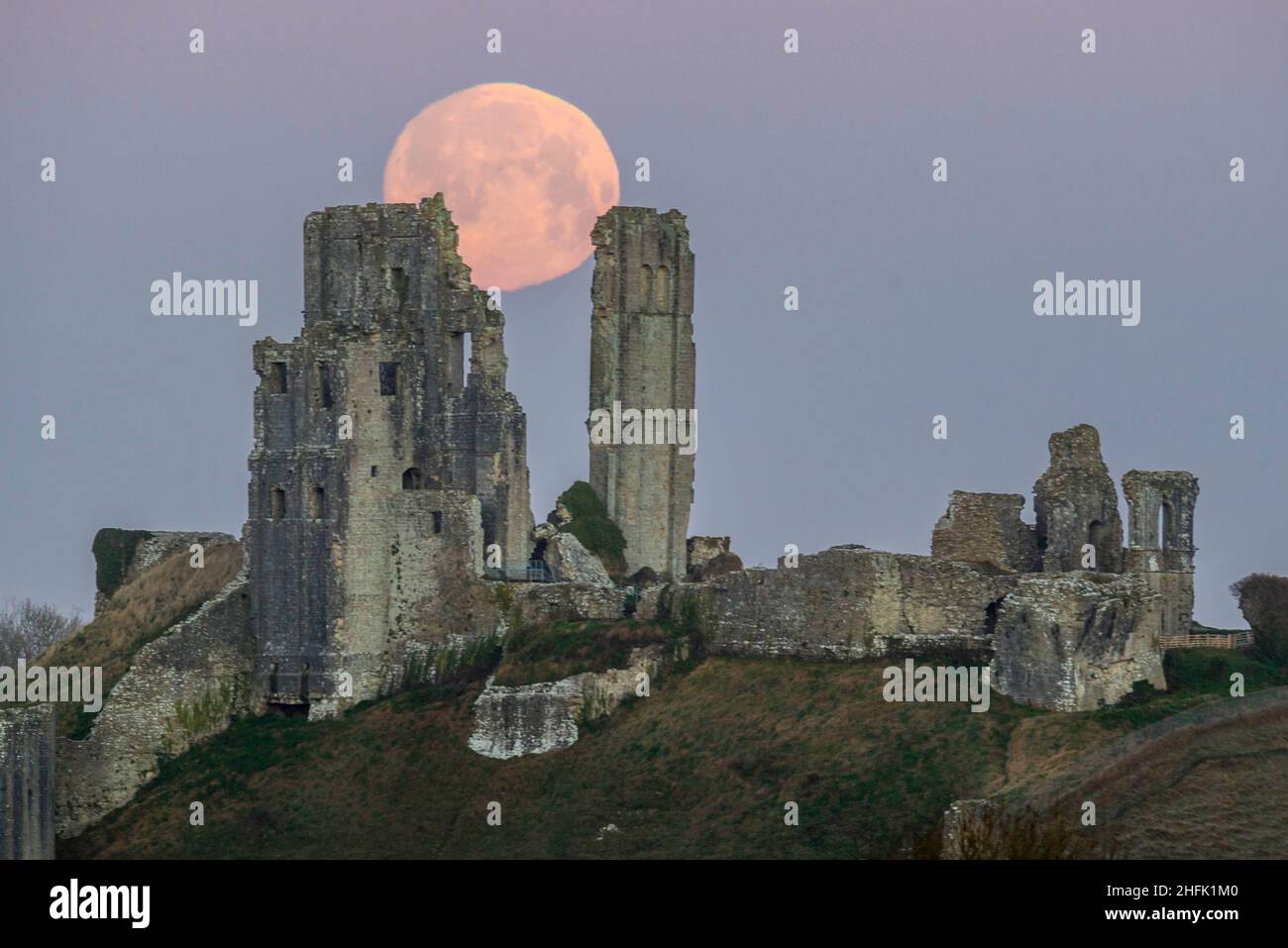 Corfe Castle, Dorset, Royaume-Uni.17th janvier 2022.Météo Royaume-Uni.La pleine lune du loup dans le ciel clair de l'aube à elle descend derrière les ruines du château de Corfe à Dorset, un matin froid gelé.Crédit photo : Graham Hunt/Alamy Live News Banque D'Images
