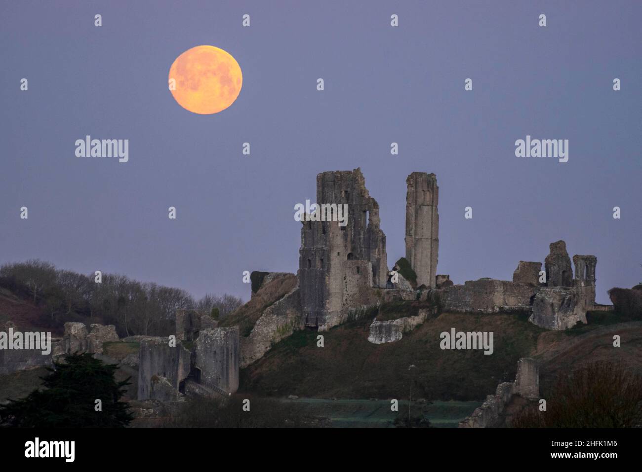 Corfe Castle, Dorset, Royaume-Uni.17th janvier 2022.Météo Royaume-Uni.La pleine lune du loup dans le ciel clair de l'aube à elle descend derrière les ruines du château de Corfe à Dorset, un matin froid gelé.Crédit photo : Graham Hunt/Alamy Live News Banque D'Images