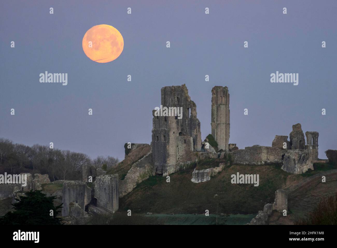 Corfe Castle, Dorset, Royaume-Uni.17th janvier 2022.Météo Royaume-Uni.La pleine lune du loup dans le ciel clair de l'aube à elle descend derrière les ruines du château de Corfe à Dorset, un matin froid gelé.Crédit photo : Graham Hunt/Alamy Live News Banque D'Images