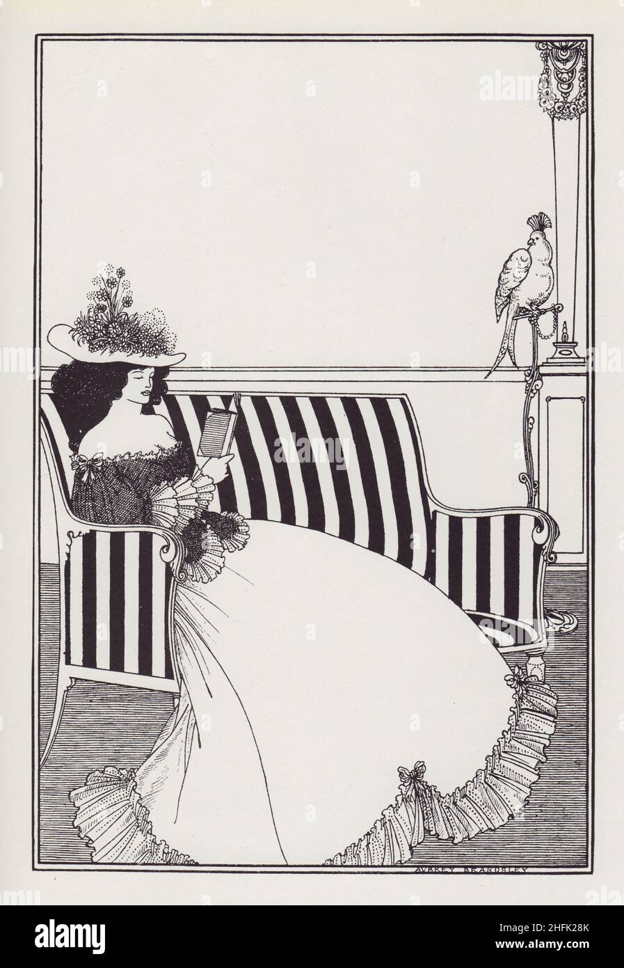 Conception de la couverture pour le catalogue des livres rares de Smithers,  1896.Femme dans un chapeau fleuri et une jupe à volants lisant un livre sur  un canapé à rayures.Un animal de