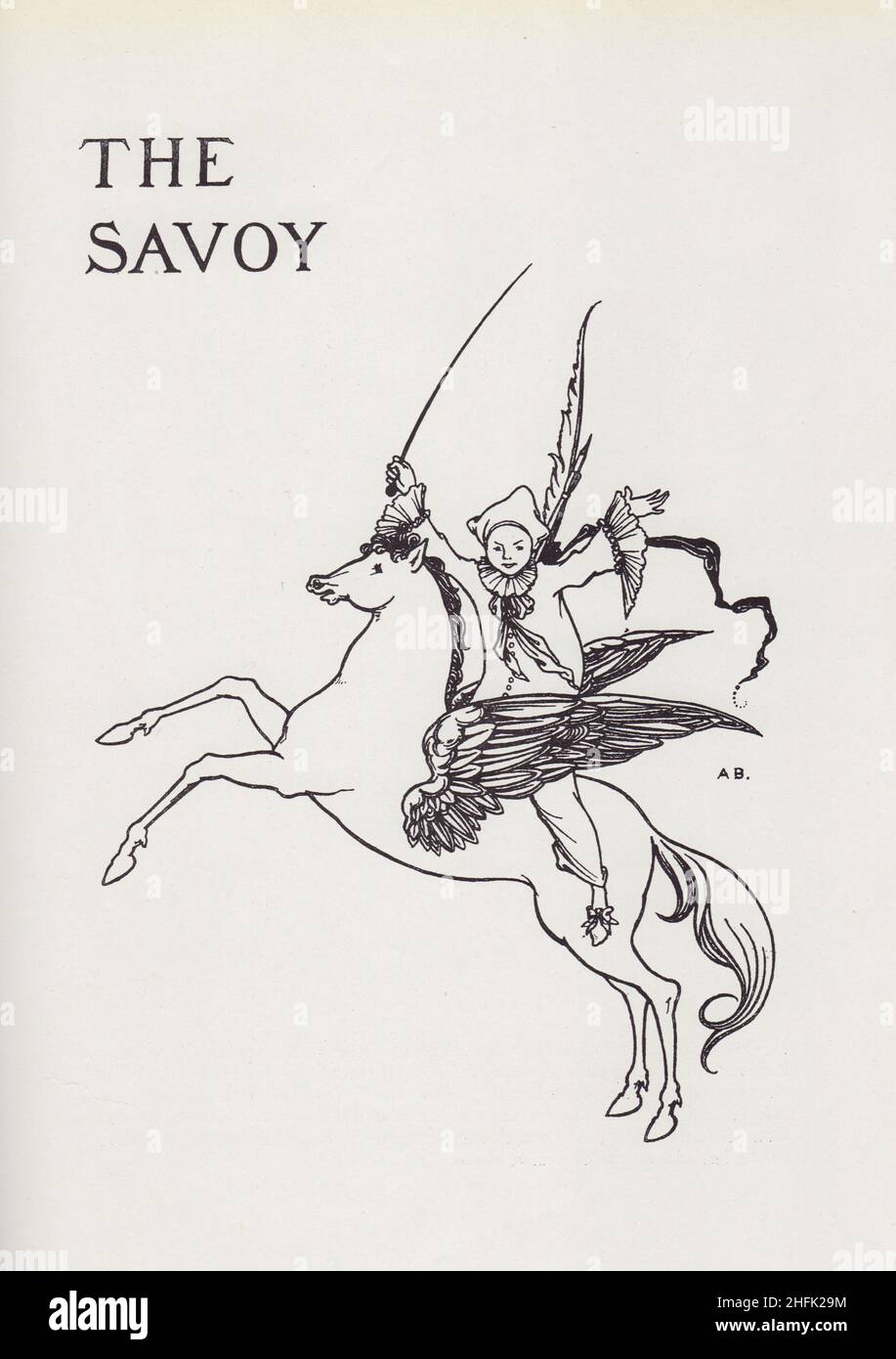 Titlepage Design pour le Savoy N° 3, 1896.Autre titre: Palet sur Pegasus.'...le dessin a ensuite été adopté par [Leonard] Smithers comme l'une de ses marques et reproduit... sur les couvertures de livres'.Publié dans "The Best of Beardsley" édité par R. A. Walker, [The Bodley Head, London, 1948] Banque D'Images