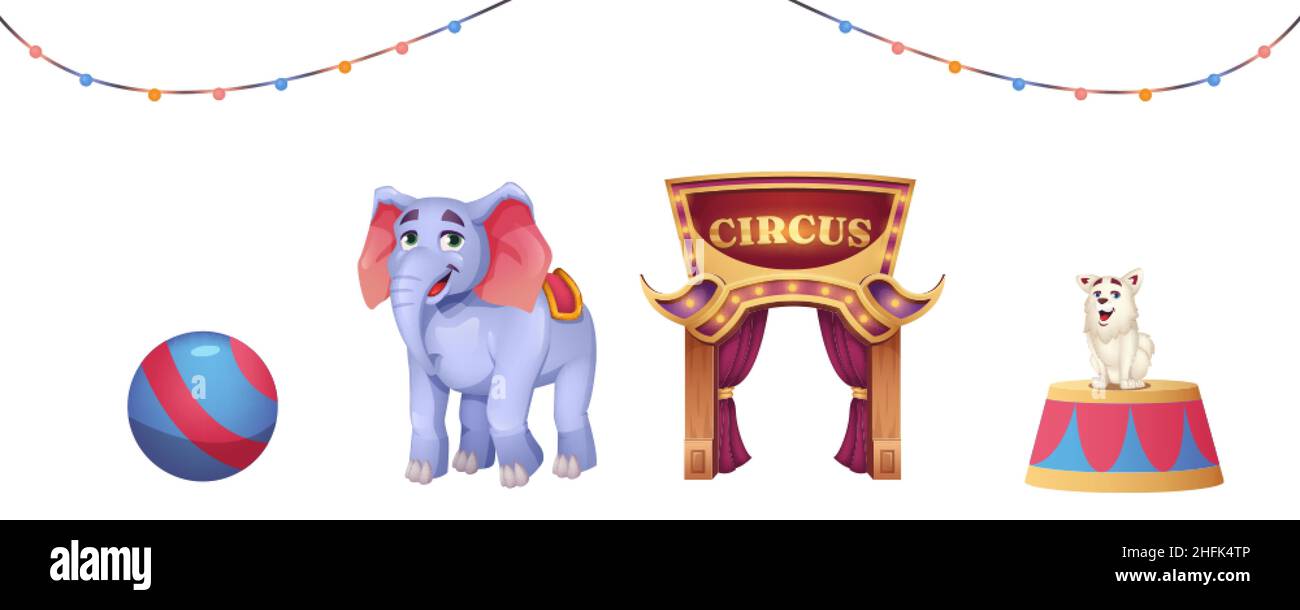 Ensemble de dessins animés d'éléments de cirque avec animaux et entrée au cirque isolée sur fond blanc.Scène ronde avec chien, éléphant avec balle et guirlande d'éclairage pour un spectacle amusant ou un spectacle de carnaval. Illustration de Vecteur