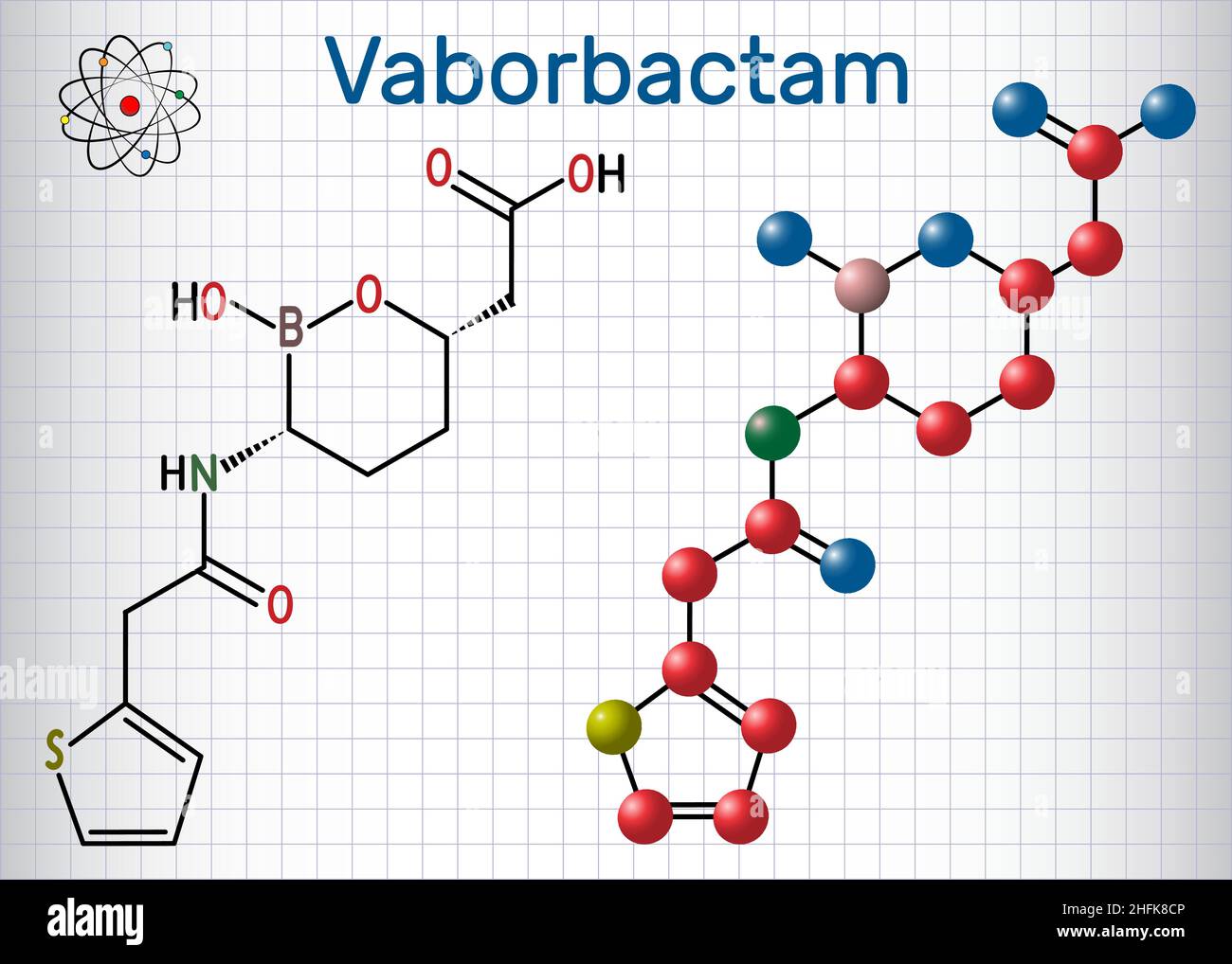 Molécule de médicament Vaborbactam.Inhibiteur de bêta-lactamase, est utilisé avec le meropenem pour l'administration intraveineuse.Feuille de papier dans une cage Illustration de Vecteur