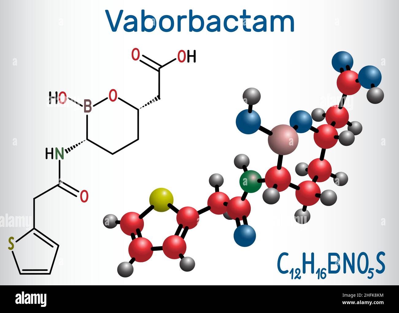 Molécule de médicament Vaborbactam.Inhibiteur de bêta-lactamase, est utilisé avec le meropenem pour l'administration intraveineuse.Formule chimique structurale et molécule Illustration de Vecteur