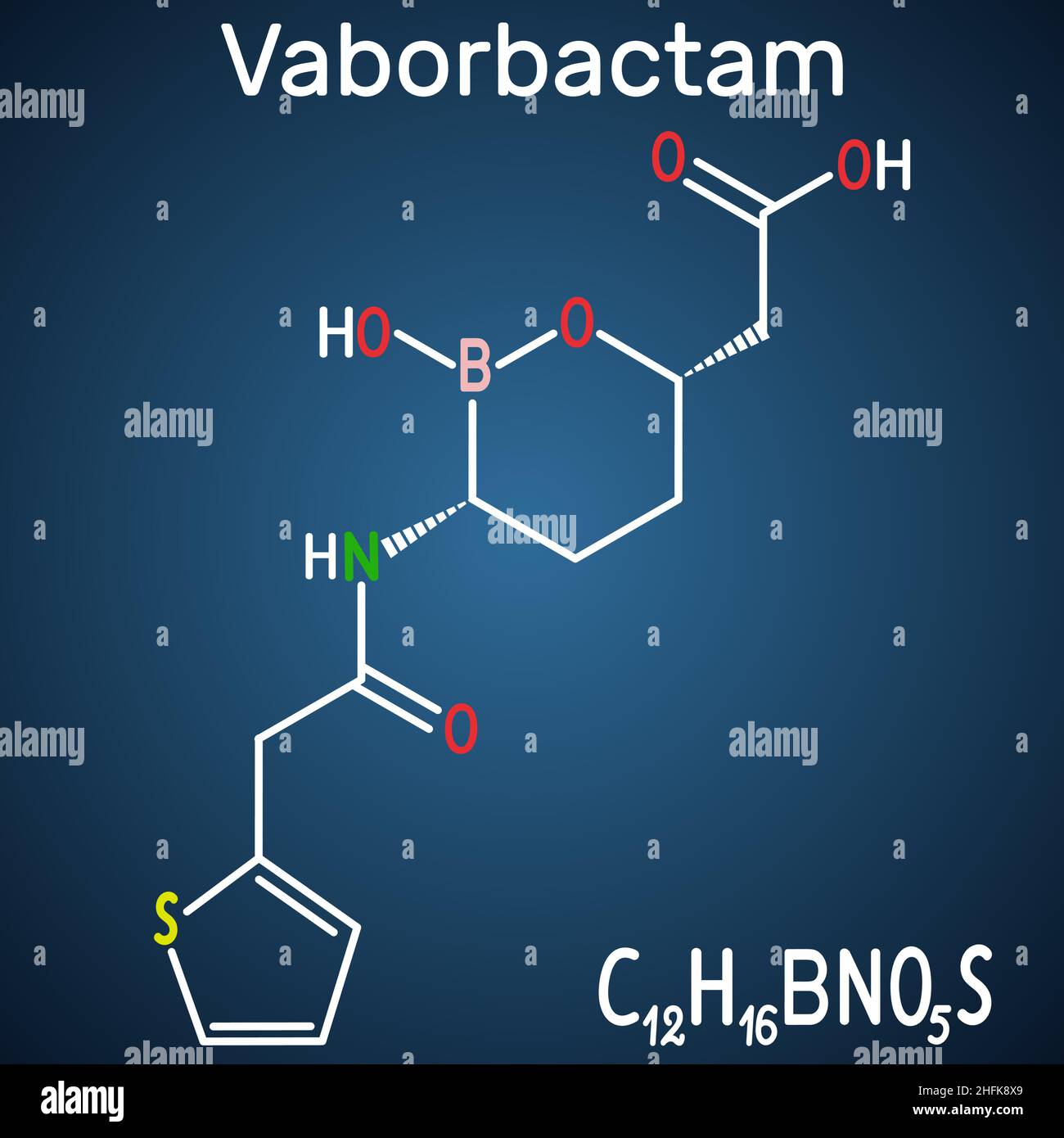 Molécule de médicament Vaborbactam.Formule chimique structurale et modèle moléculaire sur fond bleu foncé Illustration de Vecteur