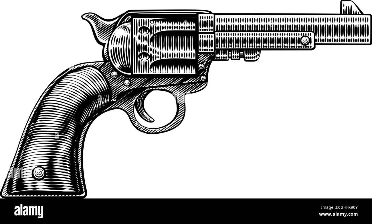 Pistolet style WESTERN Cowboy pistolet Revolver Woodcut Illustration de Vecteur