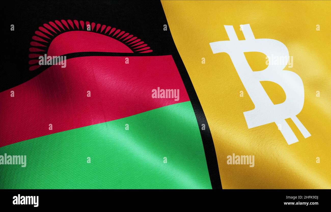 3D Illustration de l'ondulation du Bitcoin et du drapeau du Malawi Banque D'Images