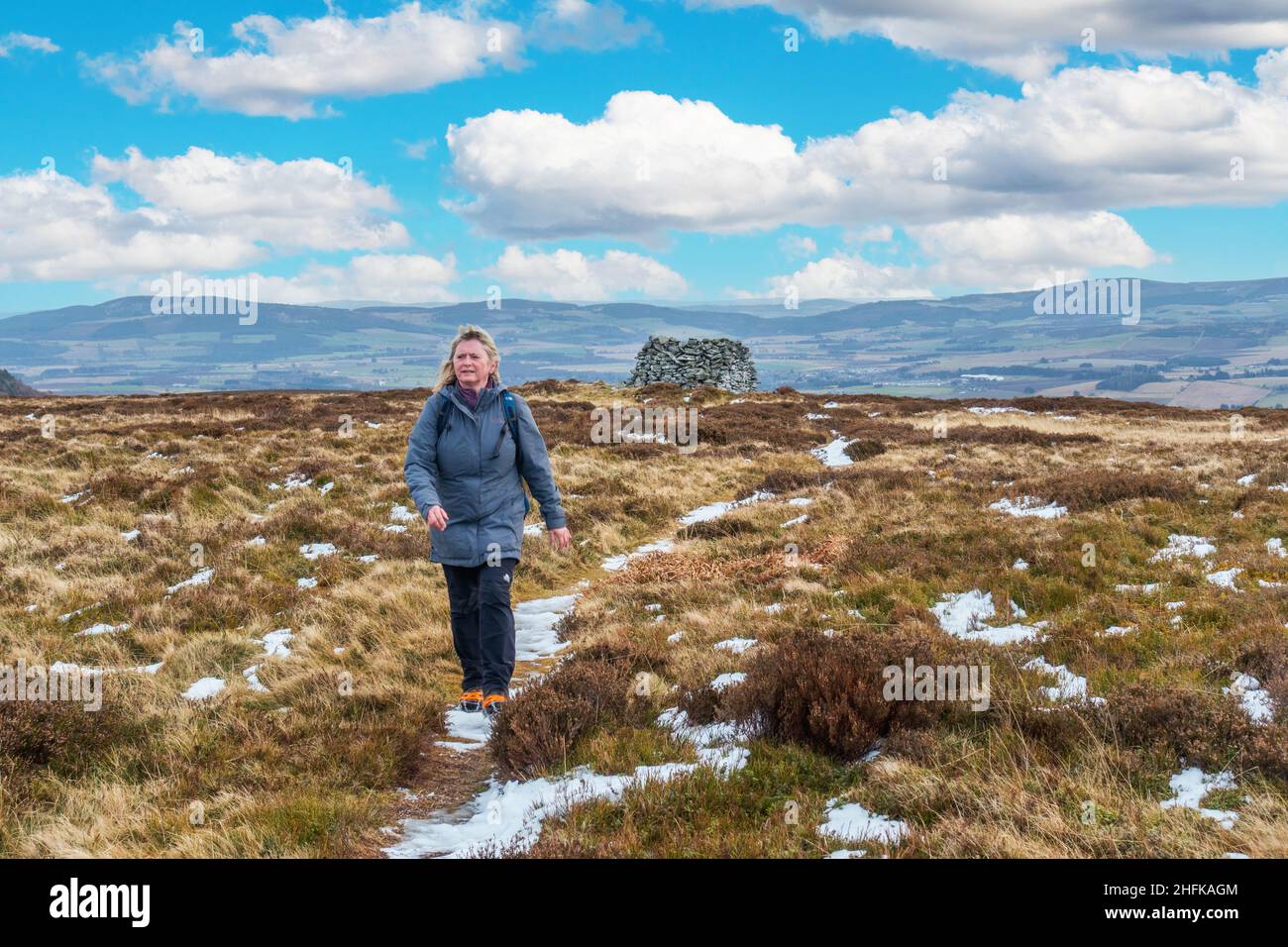 Un marcheur à pied loin du cairn de Lord Arthur sur la colline de Lord Arthur dans les collines de Correen près d'Alford, Aberdeenshire, Écosse Banque D'Images