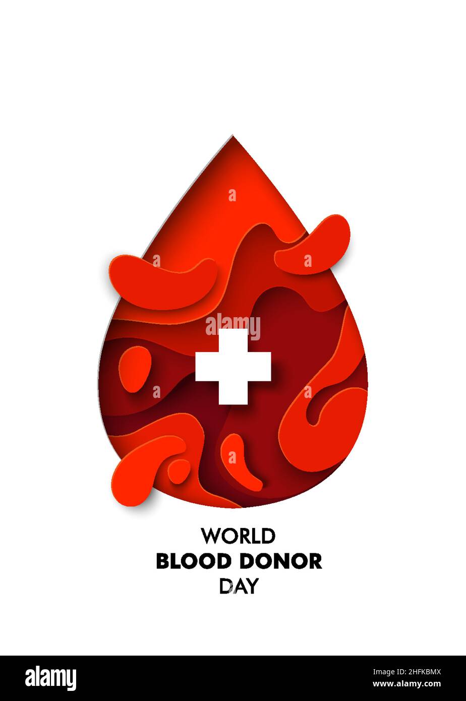 Modèle d'affiche vectorielle de la Journée mondiale du don de sang.Goutte de sang rouge coupée en papier avec croix médicale et texte. Illustration de Vecteur