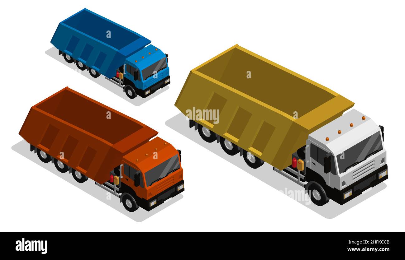 Isométrique lourd camion d'équipement de construction, camion de déchets.Machines et équipements industriels.Vecteur réaliste 3D isolé sur fond blanc Illustration de Vecteur