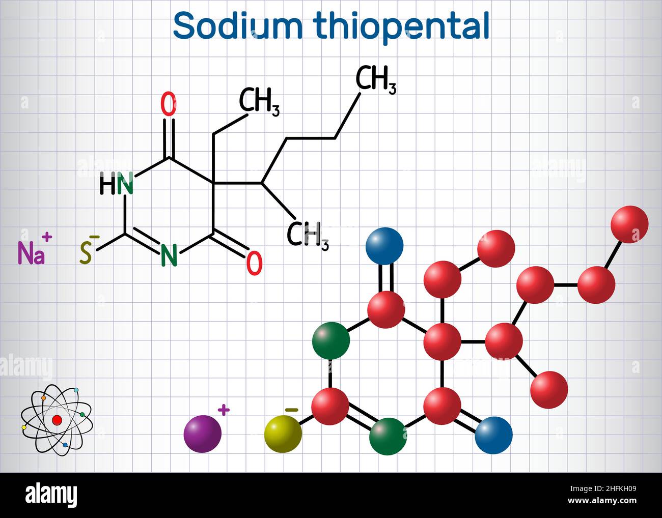 Molécule de médicament thiopental de sodium.Il s'agit d'un anesthésique général de barbituriques à action rapide et brève.Formule chimique structurelle et modèle moléculaire.Shee Illustration de Vecteur