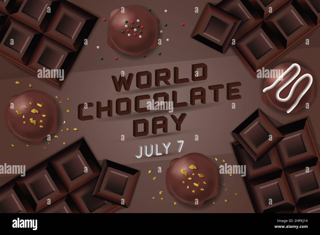 Journée mondiale du chocolat 7 juillet Poster barres de chocolat, truffe de chocolat, bombes au chocolat et saupoudrer Illustration de Vecteur