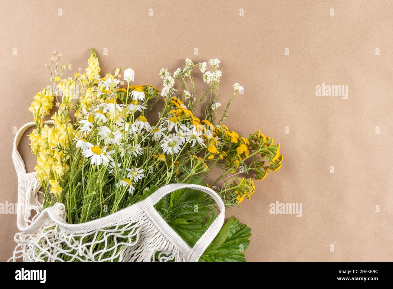 Herbes de champ et fleurs dans un sac écologique sur fond beige, concept écologique.Vue de dessus espace de copie. Banque D'Images