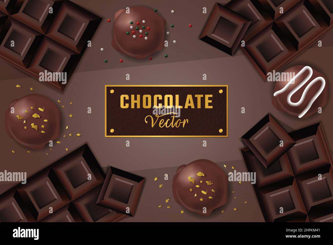 Affiche de fond sur le chocolat avec barres de chocolat, truffe de chocolat, bombes au chocolat et saupoudrer, étiquette plaquée or Illustration de Vecteur