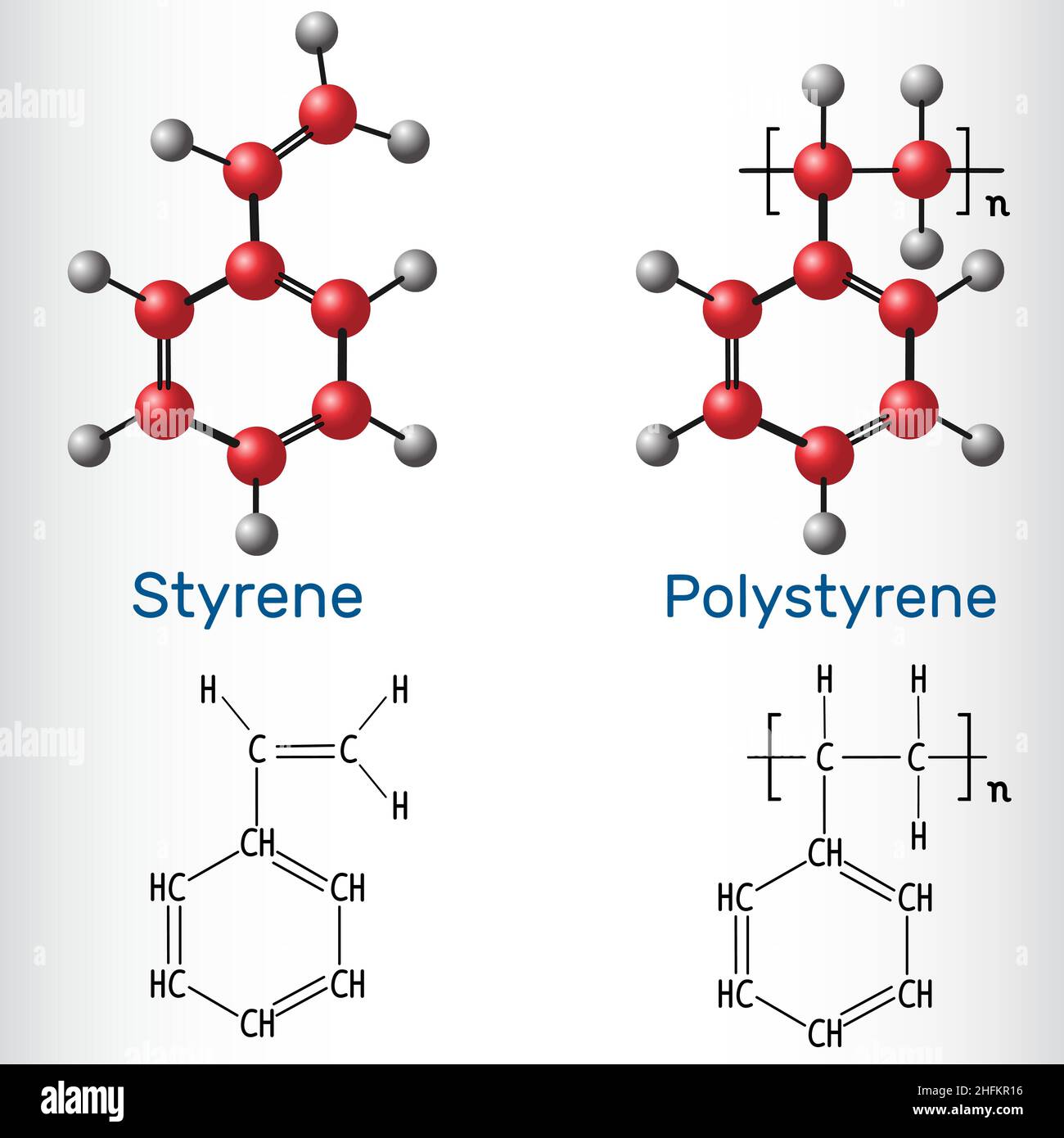 Molécule de polymère de styrène et de polystyrène (PS) - formule et modèle chimiques structuraux.Illustration vectorielle Illustration de Vecteur