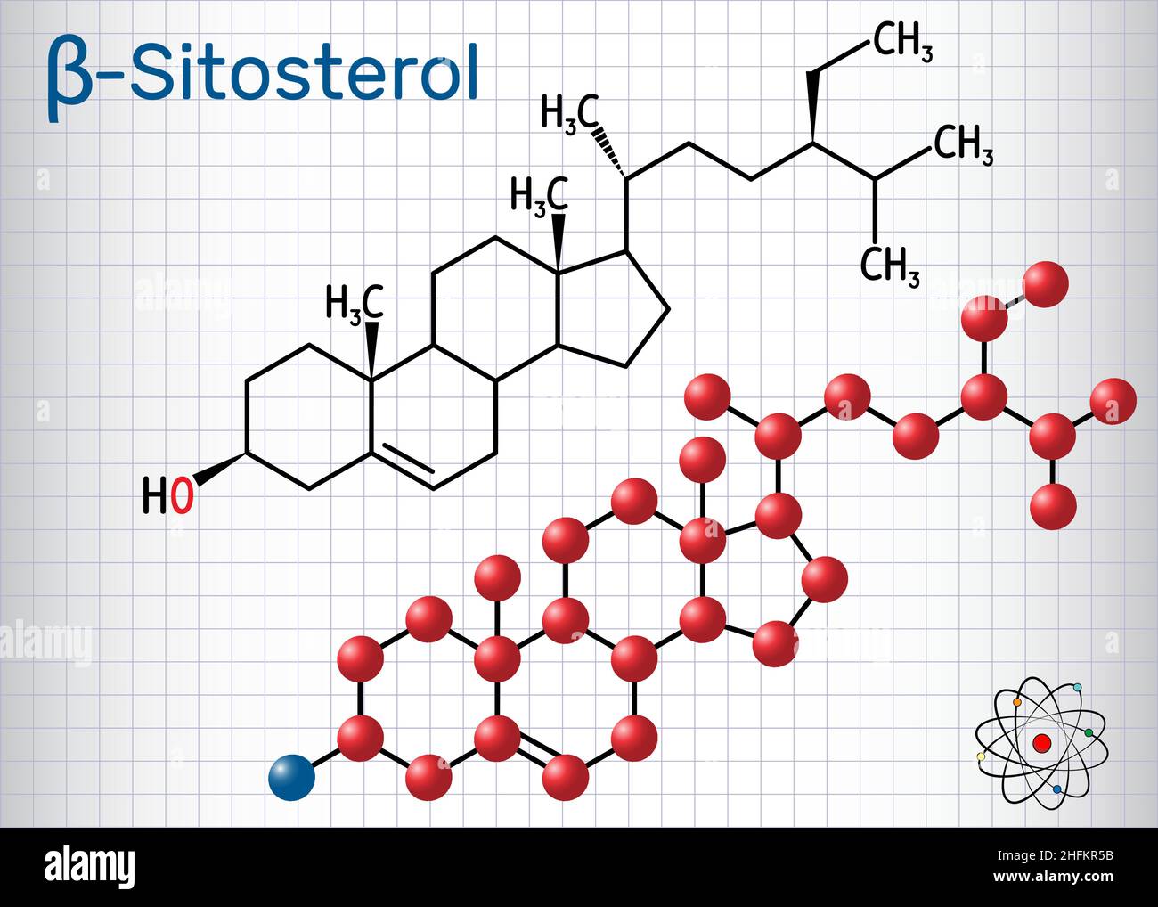 Molécule de bêta-sitostérol.Il s'agit de phytostérols (stérols végétaux) Formule chimique structurale et modèle moléculaire.Feuille de papier dans une cage.Illustrateur vectoriel Illustration de Vecteur