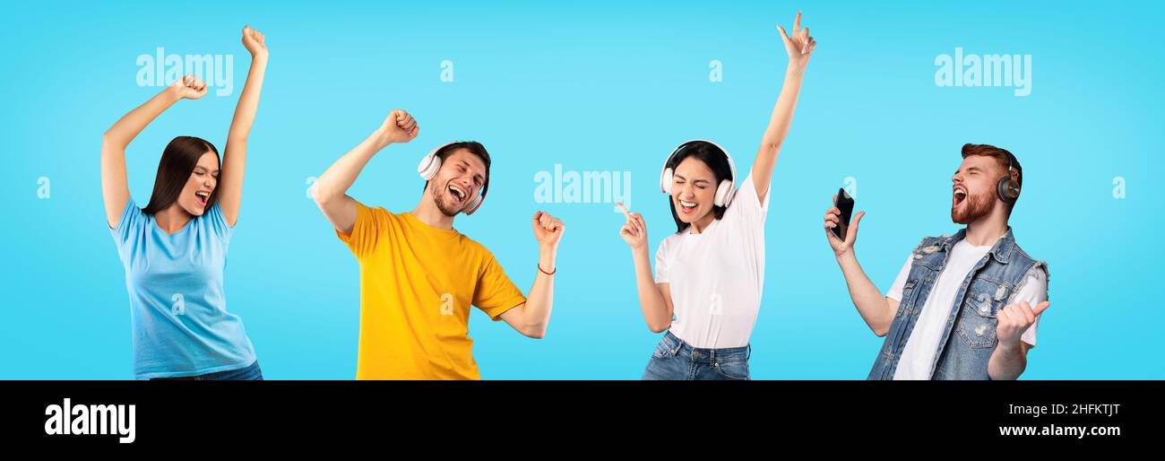 Collage de jeunes dans des micro-casques dansant, jouant des chansons sur des smartphones, se déplaçant vers de la bonne musique sur fond bleu Banque D'Images