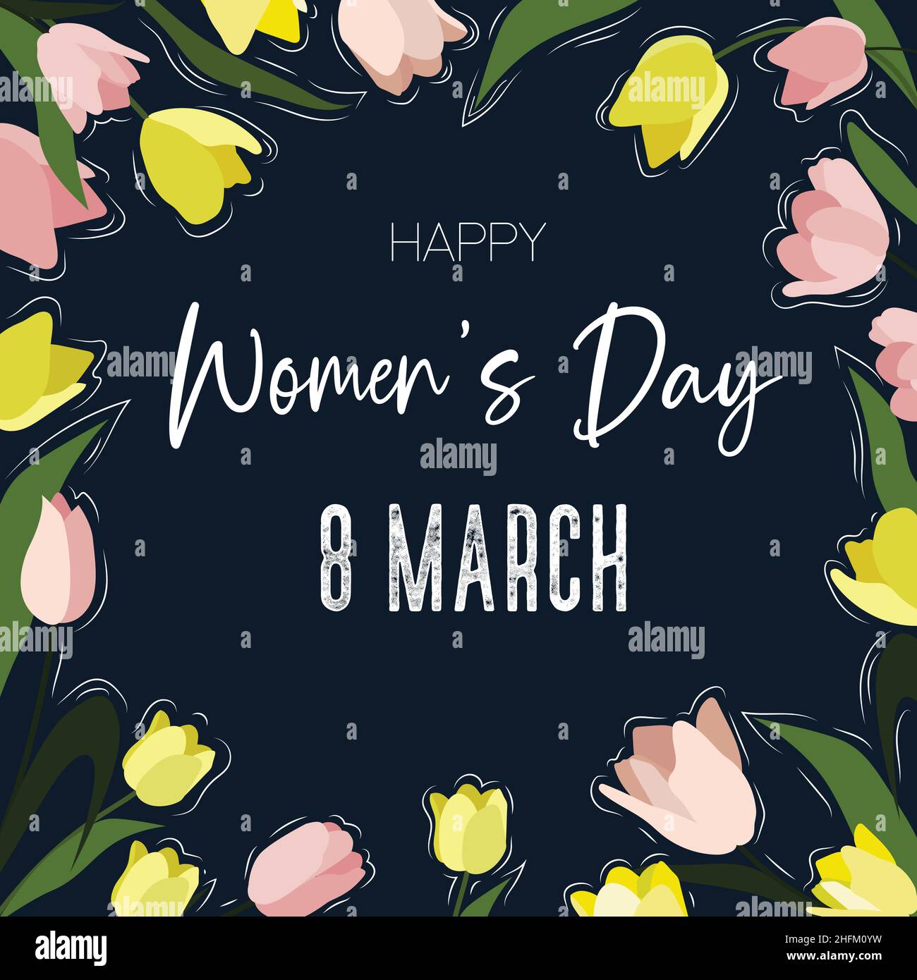 Carte de voeux pour la fête des femmes avec fond de fleurs dessinées à la main. Illustration de Vecteur