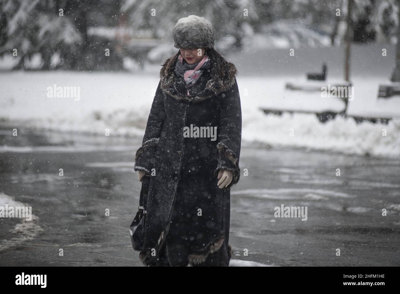 Hiver en Serbie : une femme marchant dans le parc de Saint Sava pendant une chute de neige, Belgrade Banque D'Images