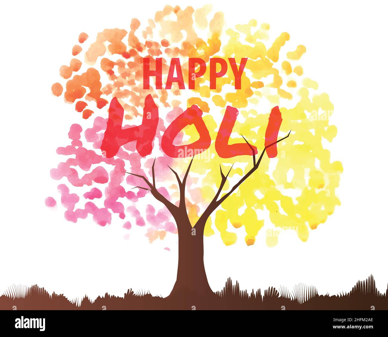 Happy Holi coloré Watercolor Tree bannière fond de modèle avec illustration vectorielle de texte modifiable Illustration de Vecteur