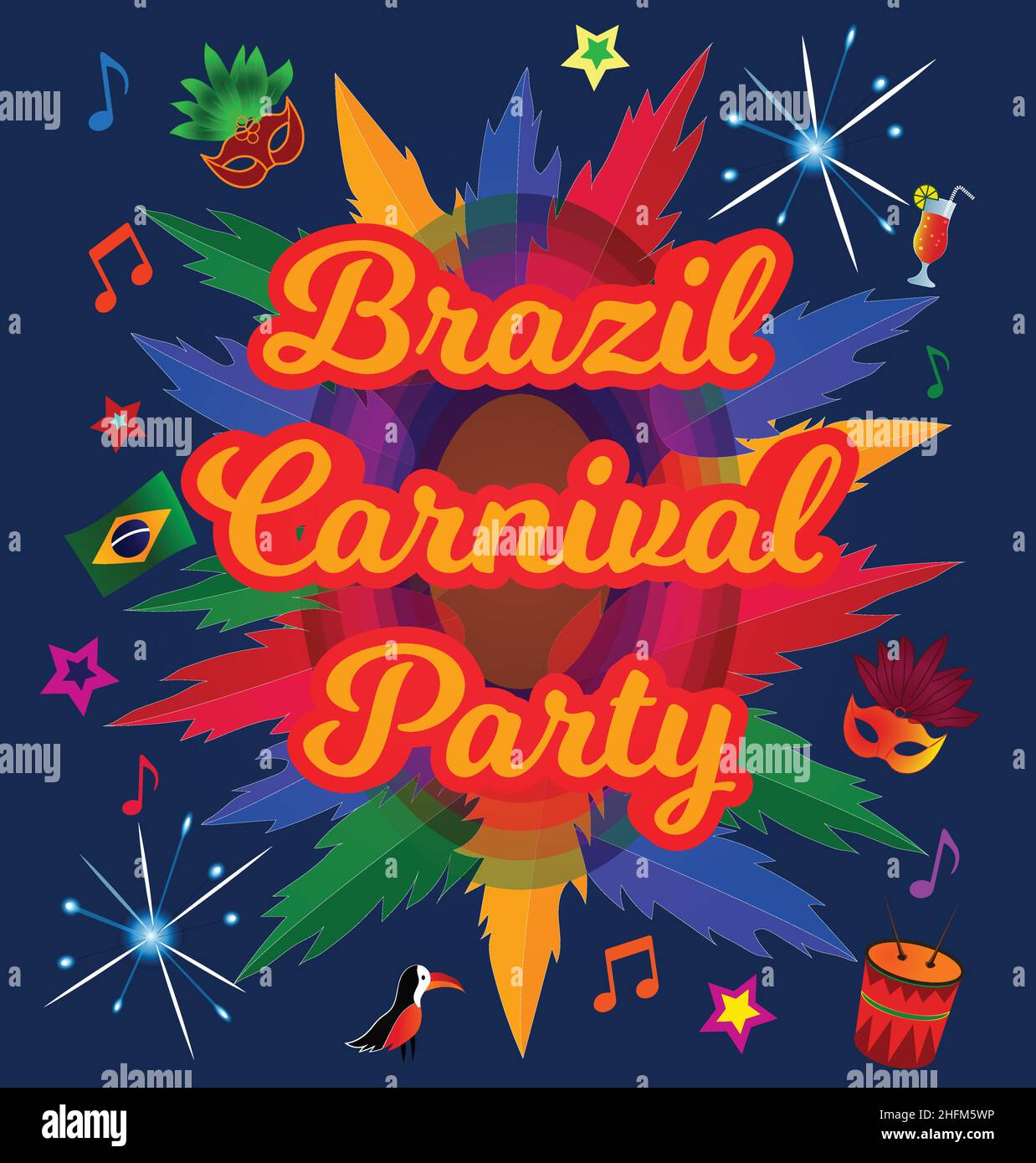 Brésil Carnaval Party, Mardi gras, pina colada, tambours, masque,musique, drapeau, affiche, illustration vectorielle de prospectus Illustration de Vecteur