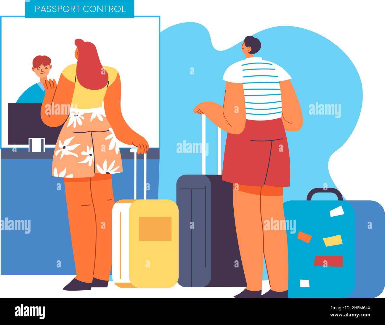 Couple voyageant en avion pour les vacances, homme et femme avec bagages à l'enregistrement montrant la carte d'embarquement.Contrôle des passeports avant le départ et le vol Illustration de Vecteur