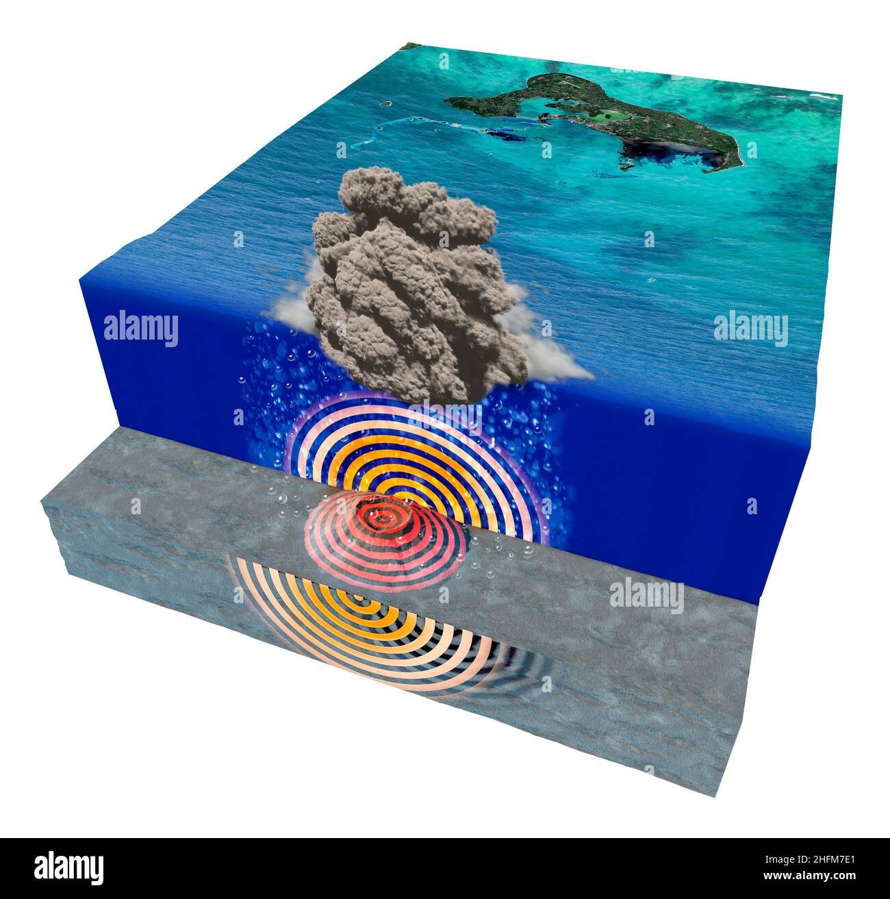 Éruption du volcan sous-marin près de l'île de Tonga.Hongrie Tonga – Hongrie Haʻapai.Alerte tsunami.Colonne de fumée et de cendres.3d rendu Banque D'Images