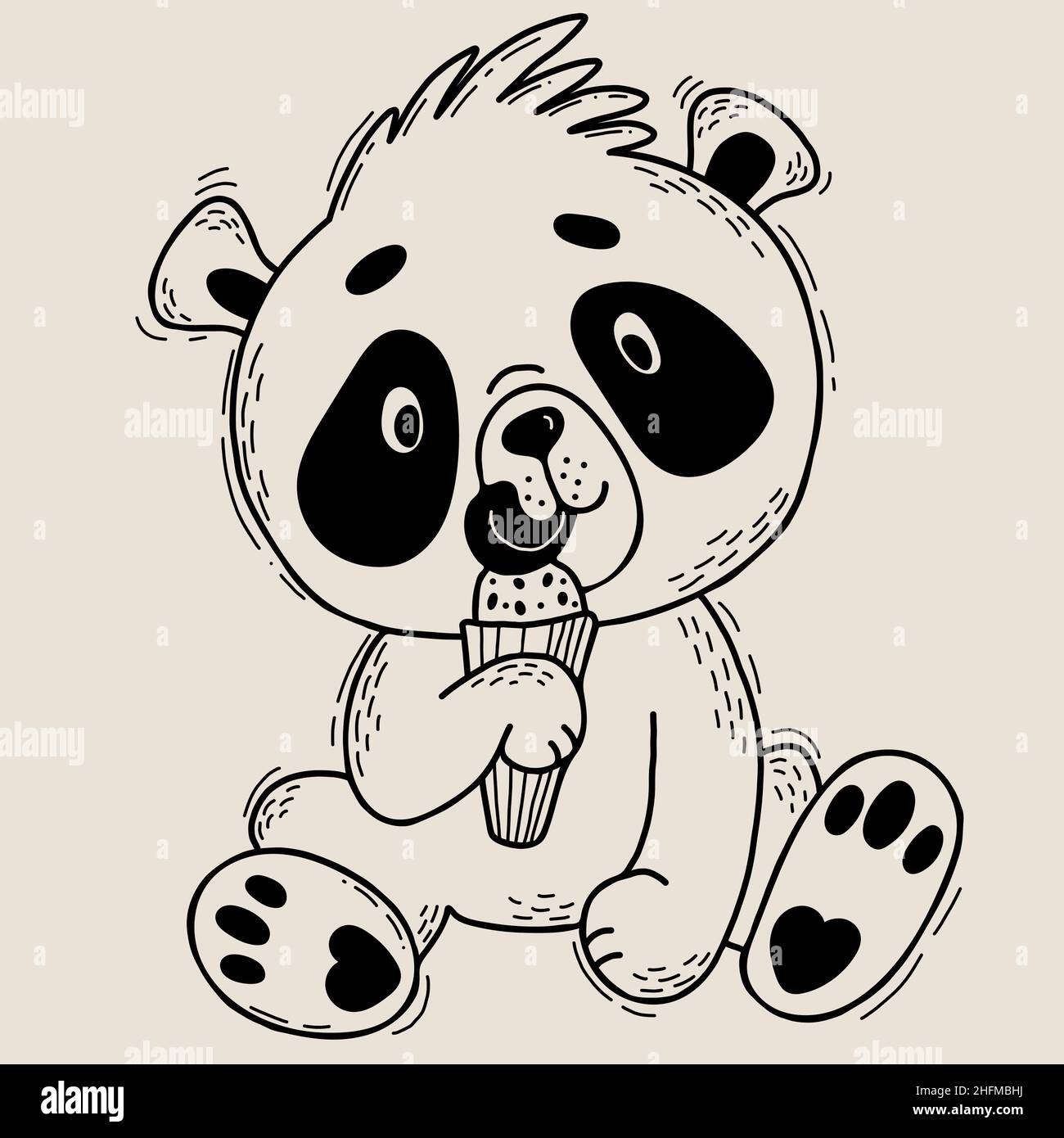 Le panda mignon est assis et se réglisse d'une glace.Illustration vectorielle.Personnage adorable animal en dessin à main linéaire pour collection et cartes postales pour enfants Illustration de Vecteur