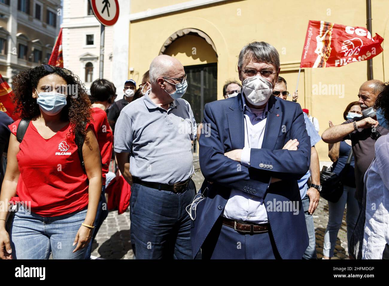 Cecilia Fabiano/Lapresse 24 juin 2020 Rome (Italie) Actualités démonstration de la cantine scolaire et#x2019;les travailleurs du pic : Maurizio Landini Banque D'Images