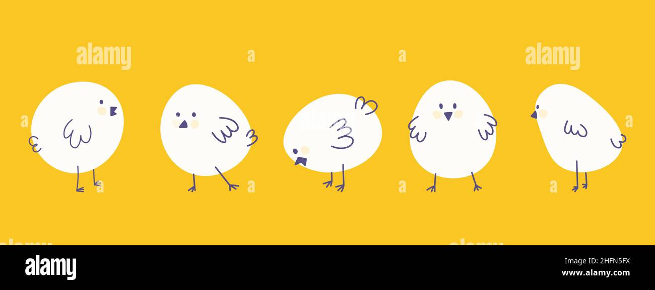 Ensemble de quatre poussins blancs simples, poulets sur fond jaune.Éléments vectoriels minimalistes pour Pâques, enfants ou animaux. Illustration de Vecteur