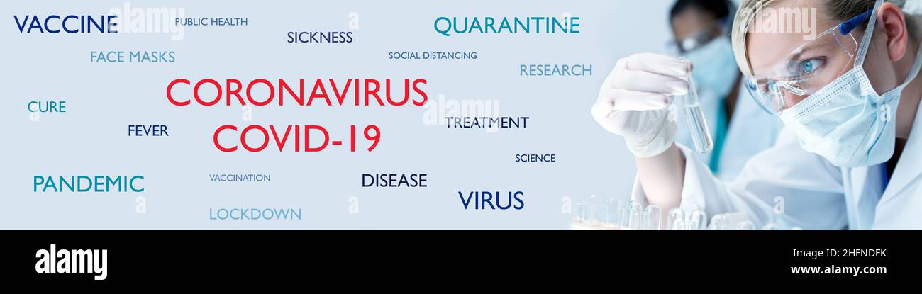 Femme Panorama chercheuse médicale ou scientifique ou médecin portant un masque de visage regardant un tube à essai dans un laboratoire avec sa collègue asiatique o Banque D'Images