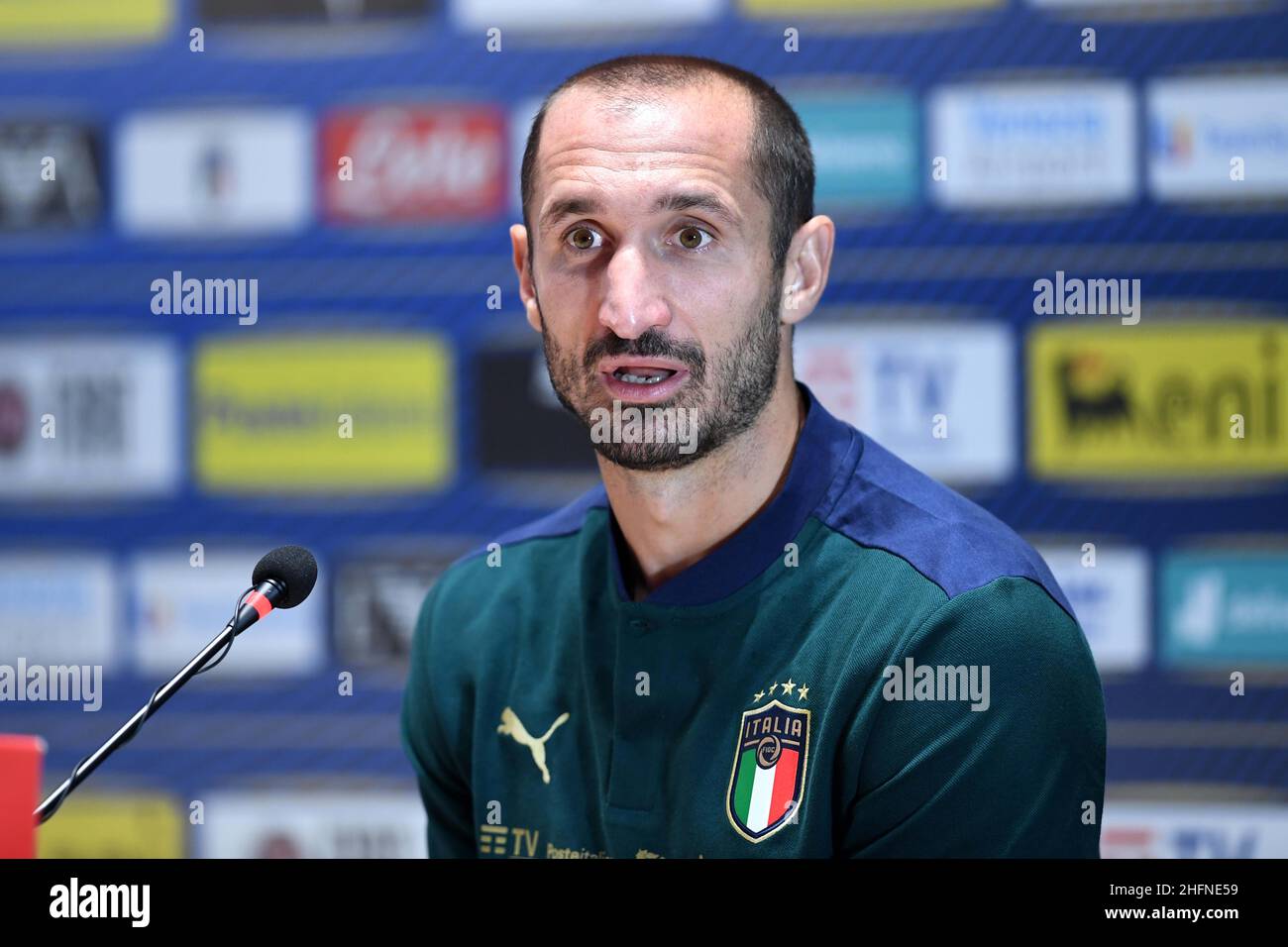 Lapresse - Jennifer Lorenzini 31 août 2020 Firenze (Italie) Sport Soccer Réunion italienne de football - "Coverciano" - Conférence de presse dans le pic: Giorgio Chiellini Banque D'Images