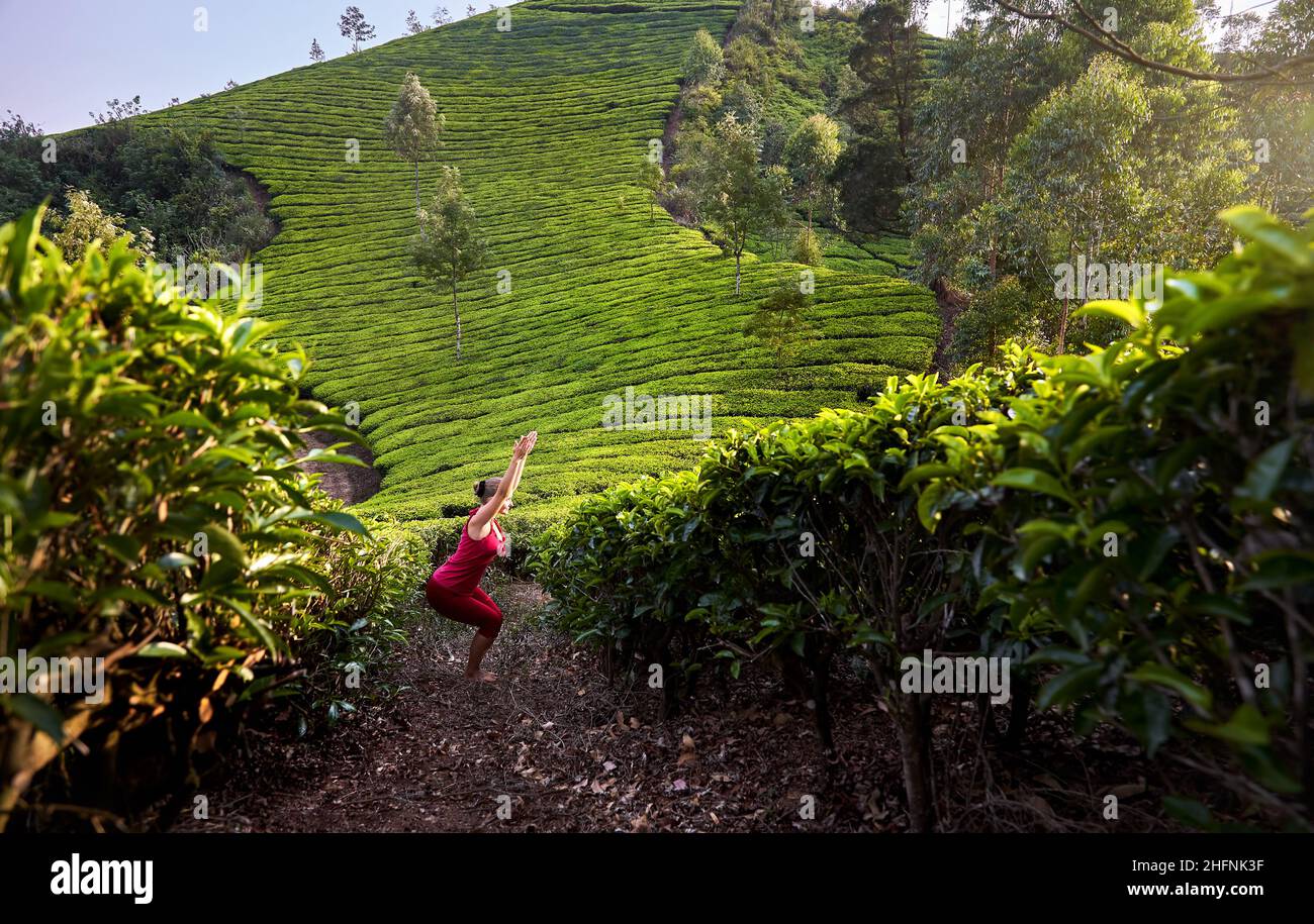 Chaise de yoga utkatasana pose par la femme en bonne santé en costume rouge sur les plantations de thé dans les collines de Munnar, Kerala, Inde Banque D'Images