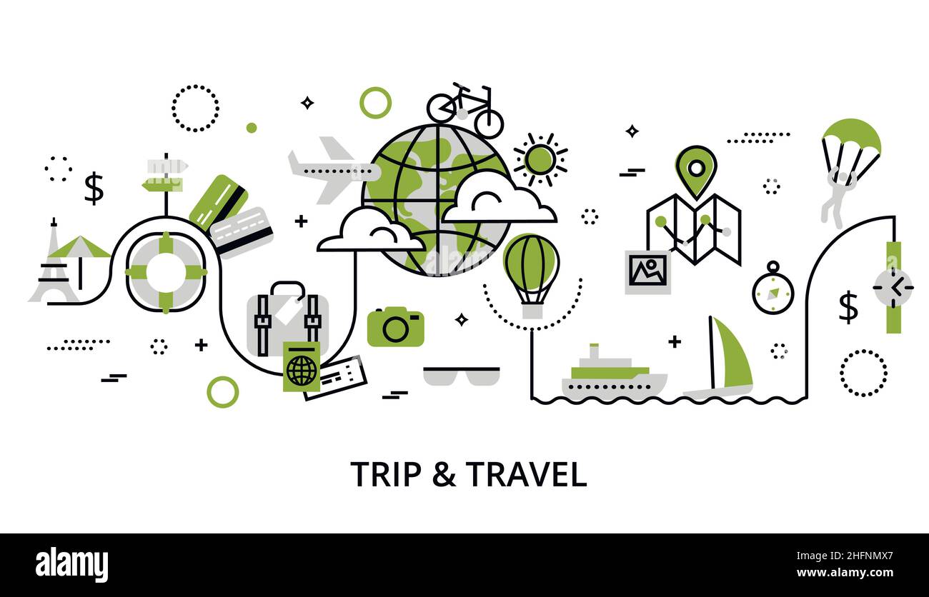 Illustration moderne de conception de ligne fine plate, concept de verdure de voyager autour du monde, voyage et voyage dans d'autres pays, pour graphique an Illustration de Vecteur
