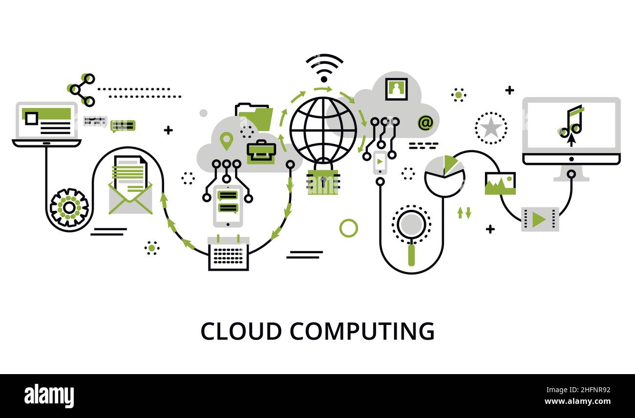 Illustration moderne de la conception de lignes fines plates, concept de technologies de cloud computing, protection des réseaux informatiques et stockage de données à distance, en vert Illustration de Vecteur Illustration moderne de la conception de lignes fines plates, concept de technologies de cloud computing, protection des réseaux informatiques et stockage de données à distance, en vert Illustration de Vecteur