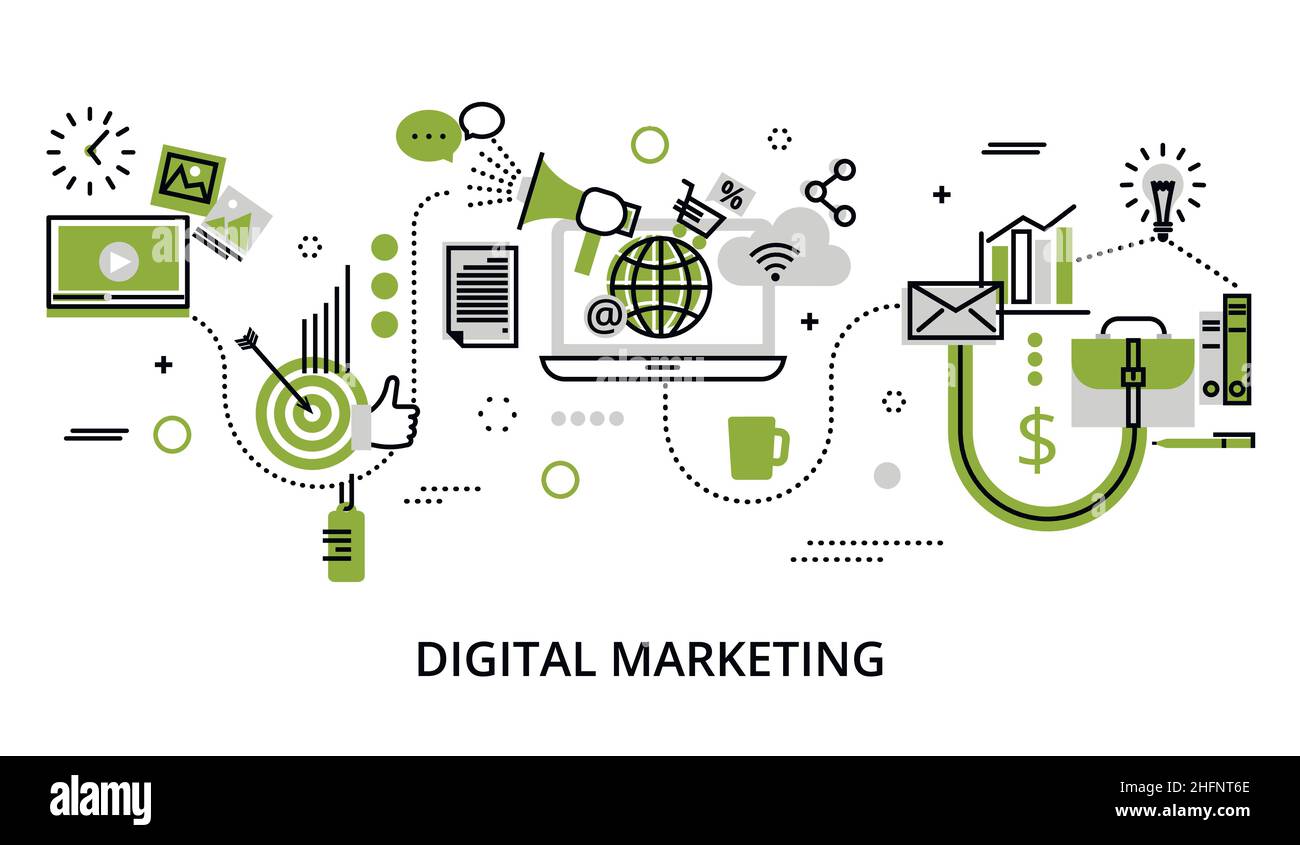 Illustration moderne de conception de ligne fine plate, concept d'infographie avec des icônes de l'entreprise en ligne, idée de marketing Internet, bureau et finance objet Illustration de Vecteur