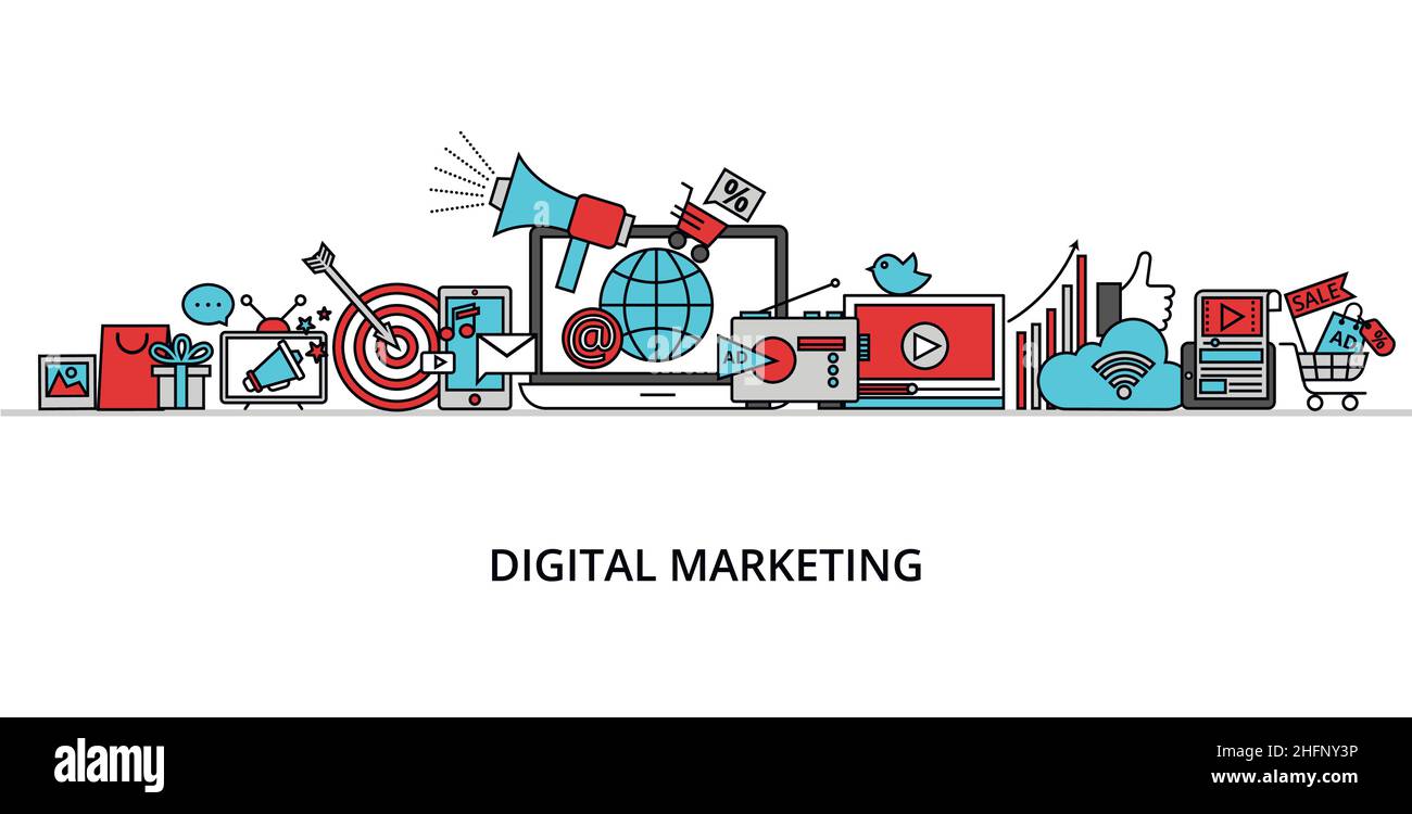 Illustration vectorielle moderne de conception de ligne mince plate, concept de marketing numérique, idée de marketing d'Internet et de nouvelles tendances de marché pour l'analyse graphique et Illustration de Vecteur