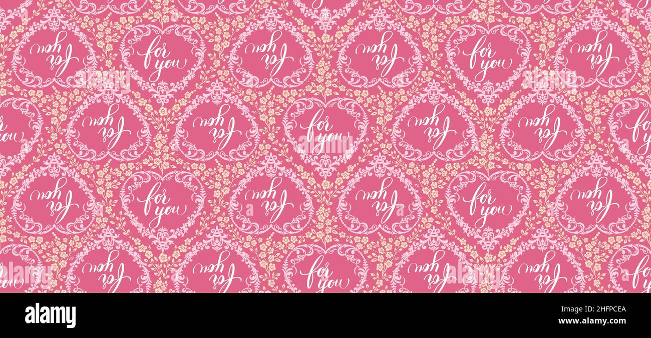 Pour vous lettrage à l'intérieur de la forme de coeur faite avec des éléments floraux.Motif vectoriel sans coutures pour la Saint-Valentin. Illustration de Vecteur