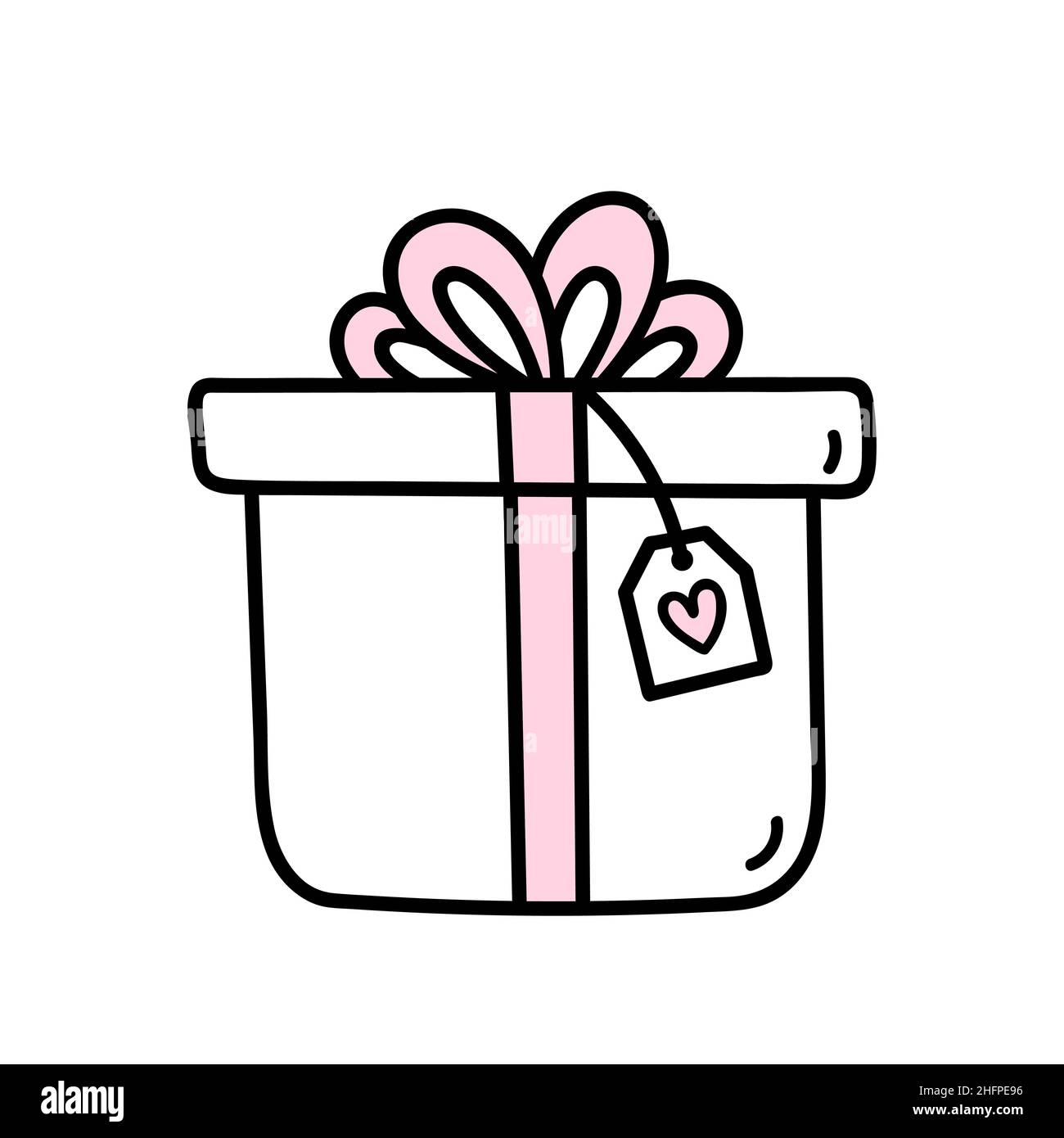Cadeau mignon avec noeud rose et ruban pour la Saint-Valentin isolé sur  fond blanc.Illustration vectorielle dessinée à la main, style doodle.Parfait  pour les motifs de vacances, les cartes, les décorations, le logo